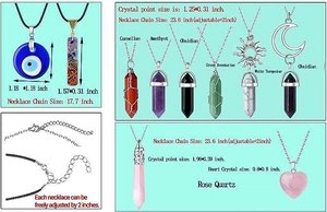 Detail view of crystal necklace pendants with wire-wrapped hexagonal and heart shapes