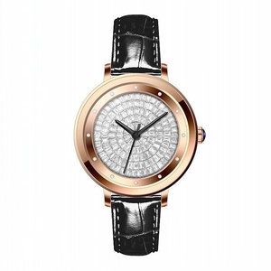 Elegant rose gold women's watch with full diamond dial and black leather strap
