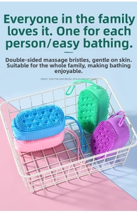 Dual-sided silicone bath brushes in multiple colors with fine bristles and massage nubs
