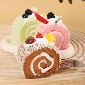 Set of realistic PU foam Swiss rolls with colorful fruit toppings and cream on wood tray