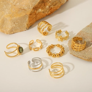 Stainless Steel Open Rings For Women Minimalist Adjustable Geometric Multi Layer Wave Band Finger Jewelry Gold Plated