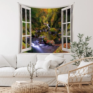 Digital print tapestry showing autumn forest stream through a white window frame design