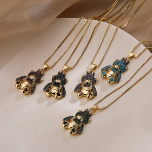 Fashion Copper Gold Plated Zirconia Bear Pendant Necklace For Women Crown Heart Animal Shape Clavicle Chain Jewelry Gift