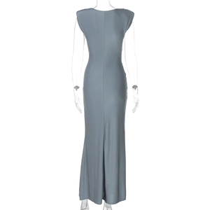 Detailed back view of a slim-fit sleeveless grey maxi dress with elegant ruching details