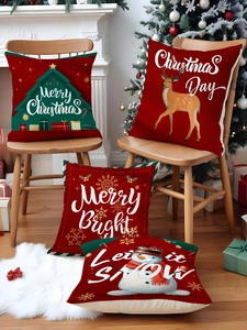 Detailed close-up of four Christmas pillow covers with festive linen textures and patterns