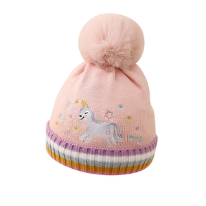 Bonnet tricoté rose pour filles avec broderie licorne et grand pompon pour l'hiver