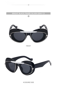 Front and 45-degree side view of black cat eye sunglasses with silver metal trim