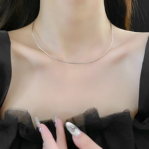 Detail shot of silver snake chain necklace on collarbone with black lace background