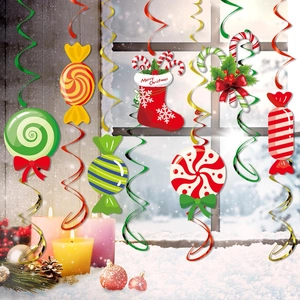 Christmas hanging swirl decorations featuring gingerbread man and candy cane ornaments