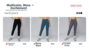 Three-color display of high-waist yoga leggings in black, navy blue, and smoky grey