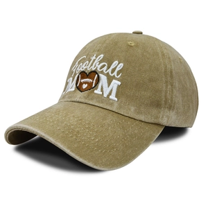 Close-up of khaki washed cotton baseball cap featuring Football MOM heart embroidery