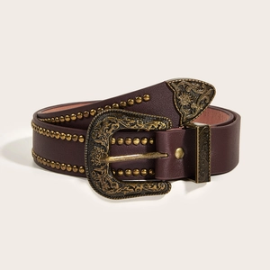 Cintura punk in pelle marrone scuro con fibbia dorata intagliata e rivetti metallici tondi