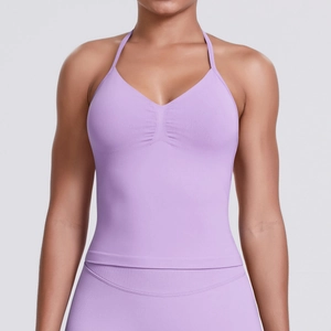Detailed front view of lavender halter sports bra with center ruching and thin straps