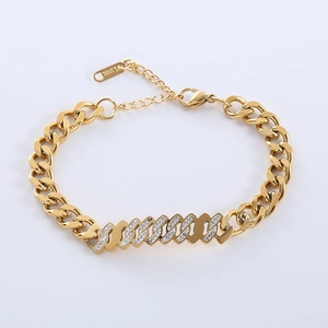 Gold-plated stainless steel Cuban link chain necklace with pavé diamond accents
