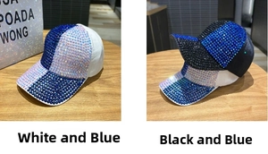 Detailed view of handmade rhinestone baseball caps showing intricate blue and white crystals