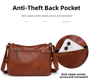 Detail view of the secure back zipper pocket on a brown PU leather vintage crossbody bag