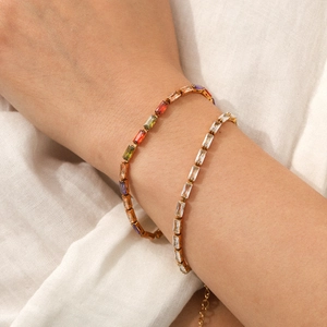 18K Gold Plated Stainless Steel Bracelet For Women Colorful Baguette Cubic Zirconia Luxury Ins Style Paperclip Chain