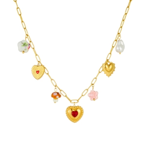Golden palace style necklace featuring floral ceramic heart pendants and pearl charms