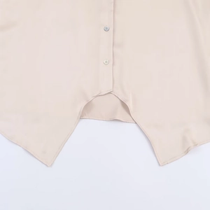 Women's apricot satin shirt with asymmetric hem and professional button detailing