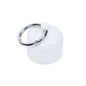 Close-up of white jewelry storage container with silver metal spring ring buckle detail