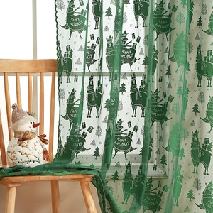 Green lace Christmas curtain with tree alpaca patterns and Happy Holidays text