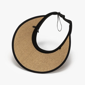 Foldable wide brim natural straw visor with black trim and adjustable buckle strap