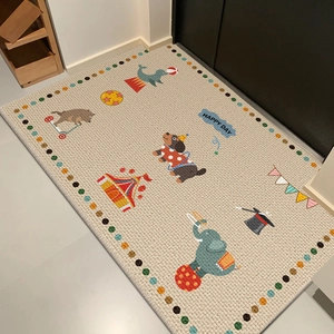 Cartoon animal circus entryway floor mat with Happy Day text on woven TPR backing