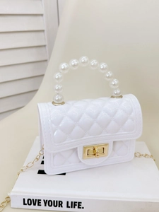 Elegant white quilted jelly bag with pearl handle and golden chain strap for women