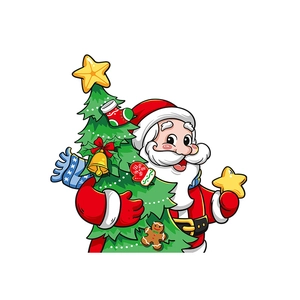 Christmas window sticker featuring Santa Claus holding a decorated tree with bells and stars