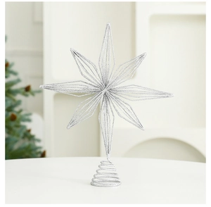 Silver hollow glittered Christmas tree topper star with spiral base on white background