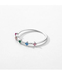 Detailed close-up of S925 silver ring featuring five colorful round zircon gemstones
