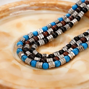Men's natural tiger eye and turquoise beaded bracelet with silver hexagonal spacers