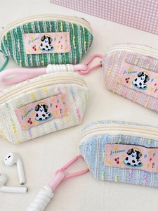 Cute Mini Earphone Case Pouch Tweed Woven Coin Purse Cartoon Dalmatian Zipper Storage Bag With Portable Hook Lanyard