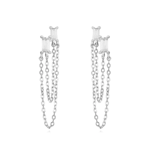 S925 silver fringe chain earrings with irregular cubic zirconia in a modern street style