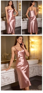 Three views of a pink satin V-neck nightgown with thin straps and a silky smooth finish