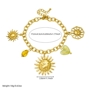 Gold sun and heart charm bracelet with tiger eye beads and length specifications