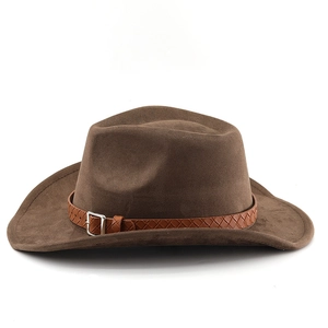 Close-up of brown fedora hat featuring woven leather band and silver metal buckle detail