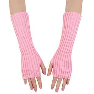 Detail of pink knitted arm warmers featuring fine striped texture and fingerless design