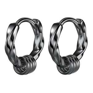 Unisex black stainless steel twisted hoop earrings with five small decorative rings