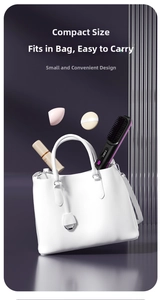 Portable cordless hair straightener brush in a cosmetic bag with makeup essentials