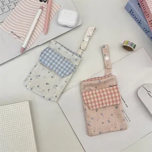 Floral Canvas Pencil Case Portable Cloth Stationery Storage Pouch With Snap Strap Gingham Flap Japanese Style Students
