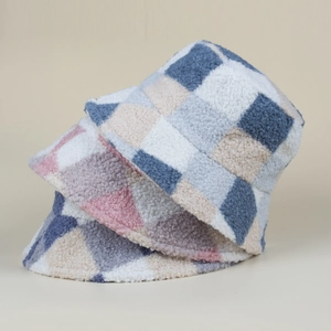 Chapeau Bob Femme Imitation Laine D'agneau Bloc De Couleur Carreaux Chaud Peluche Mode Rétro Extérieur Automne Hiver Épaissi