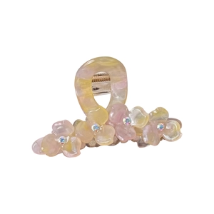 Acetate flower hair claw clip with rhinestones in yellow and pink gradient finish