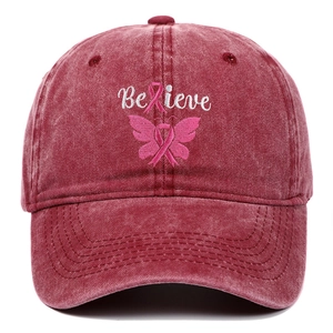 Vintage burgundy baseball cap with Believe embroidery and pink ribbon butterfly detail