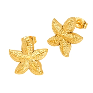 Minimalist golden starfish stud earrings with detailed metallic texture on white background