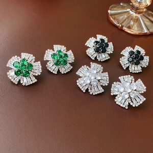 Zircon Flower Stud Earrings With 925 Sterling Silver Earring Post Copper Base Floral Jewelry Women Light Luxury Elegant
