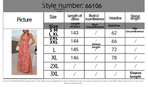 Detailed size chart for elegant floral print V-neck dress showing length and waist measurements