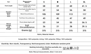Detailed size chart for floral cotton jacket showing measurements for S to XL sizes