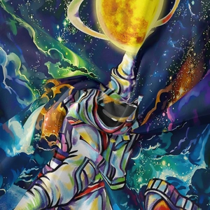 Detail von seidenähnlichem Astronauten-Wandteppich mit satten Farben und feiner Textur