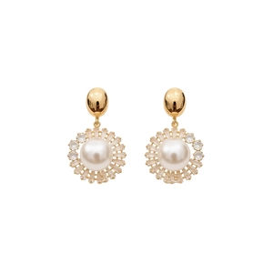Elegant gold-plated pearl drop earrings with sparkling crystals in vintage French style